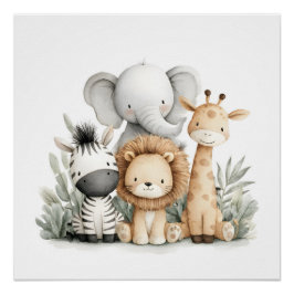 Póster Cute Watercolor Baby Safari Animals Group Print