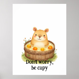 Póster Cute Watercolor Capybara in Hot Tub with Oranges &