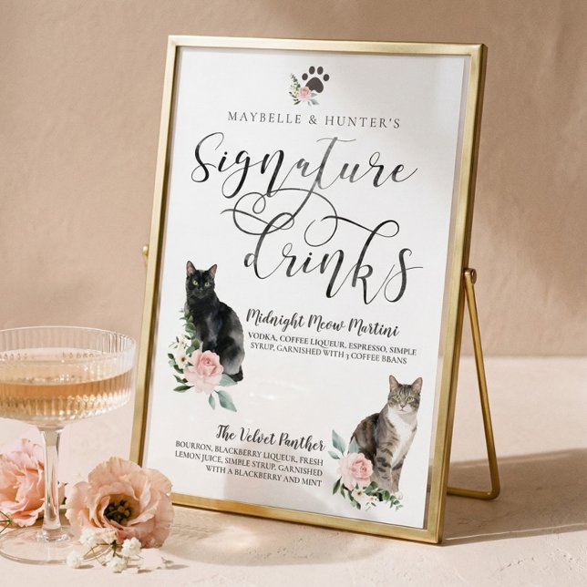 Póster Cute Watercolor Cats Couple's Signature Drinks (Cute Watercolor Cats Couple's Signature Drinks Poster)