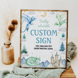 Póster Cute Watercolor Dragon Birthday Party Table Sign