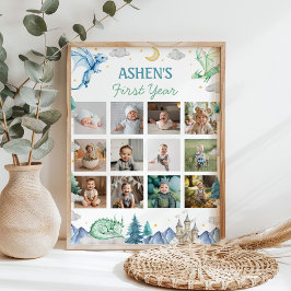 Póster Cute Watercolor Dragon First Year Photo Milestone