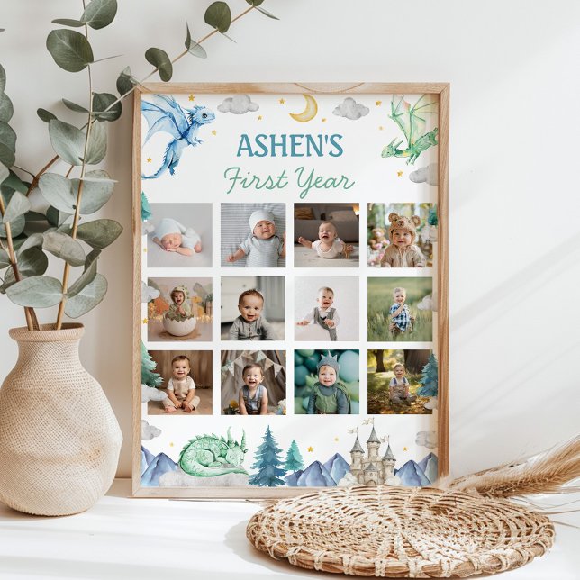 Póster Cute Watercolor Dragon First Year Photo Milestone (Subido por el creador)
