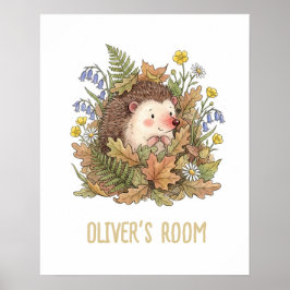 Póster Cute Watercolor Hedgehog & Wildflowers Nursery 