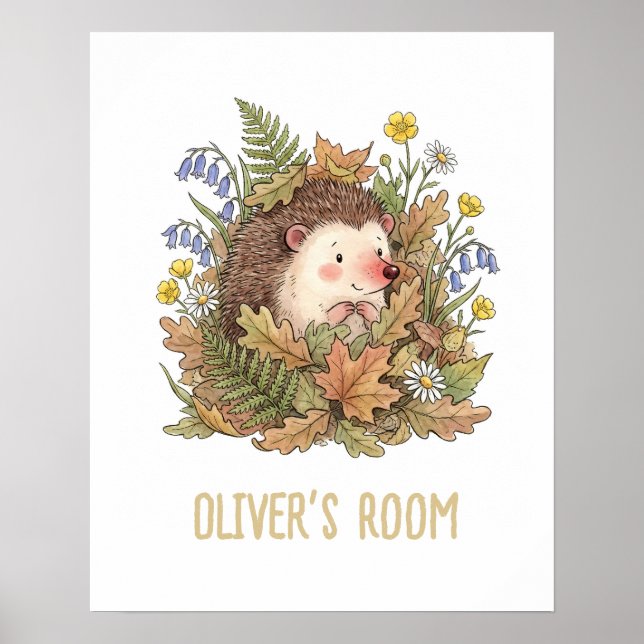 Póster Cute Watercolor Hedgehog & Wildflowers Nursery  (Frente)