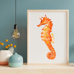 Póster Cute watercolor orange seahorse illustration