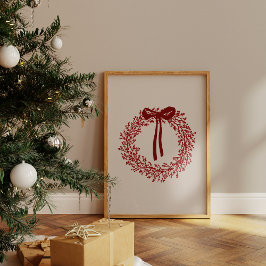 Póster Cute Watercolor Red Wreath Christmas Poster