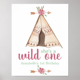 Póster Cute Watercolor Teepee Boho Primer cumpleaños