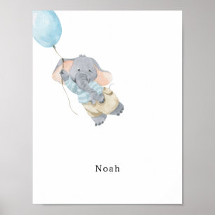 Póster Cute Watercolour Elephant With Balloon Name