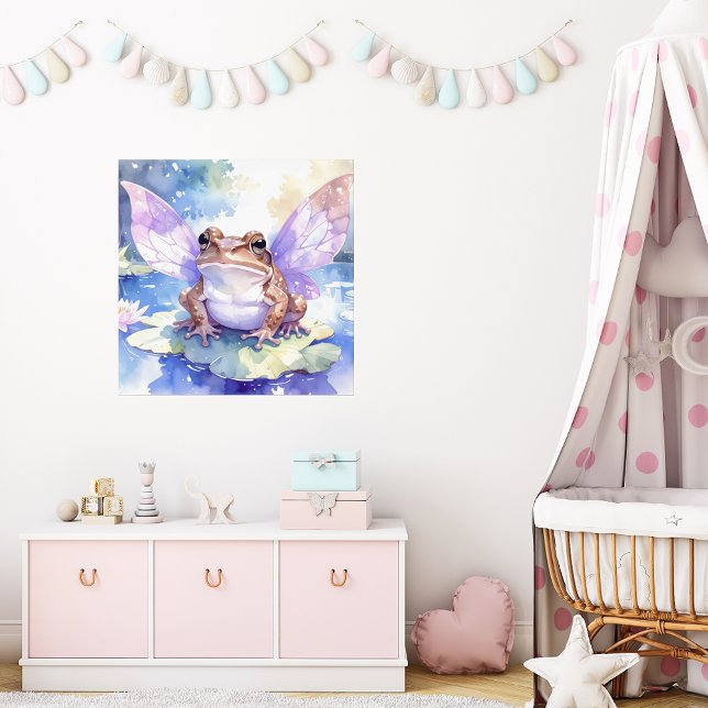 Póster Cute Watercolour Fairy Frog | Girls Nursery Art (fairy frog nursery art. girls bedroom wall decor. cottagecore baby room. fairycore kids decor)
