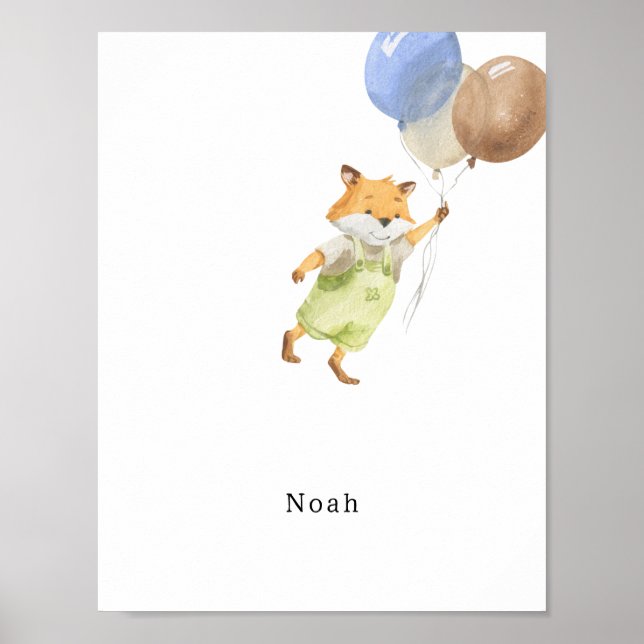 Póster Cute Watercolour Fox With Balloons Name Poster (Frente)