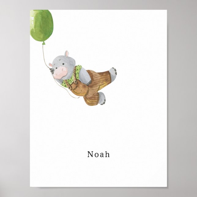 Póster Cute Watercolour Hippo With Balloon Name Poster (Frente)