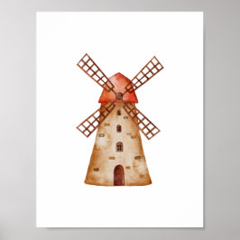 Póster Cute Watercolour Mill Farm Windmill Poster
