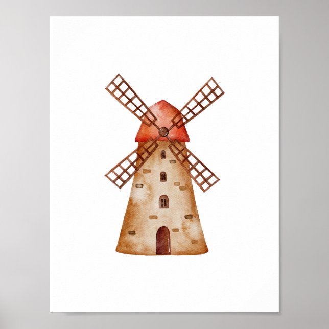 Póster Cute Watercolour Mill Farm Windmill Poster (Frente)