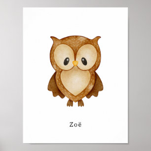 Póster Cute Watercolour Owl Forest Animal Name Poster