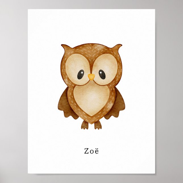 Póster Cute Watercolour Owl Forest Animal Name Poster (Frente)