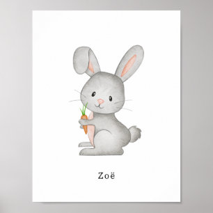 Póster Cute Watercolour Rabbit With A Carrot Name Poster
