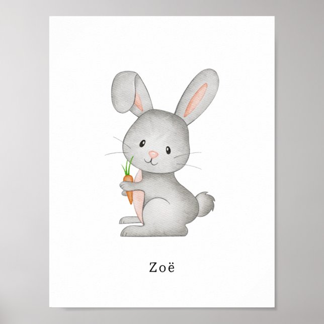 Póster Cute Watercolour Rabbit With A Carrot Name Poster (Frente)
