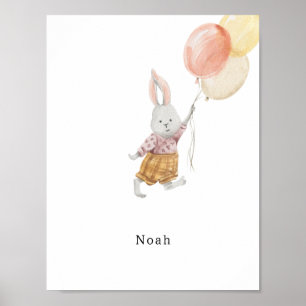 Póster Cute Watercolour Rabbit With Balloons Name Poster