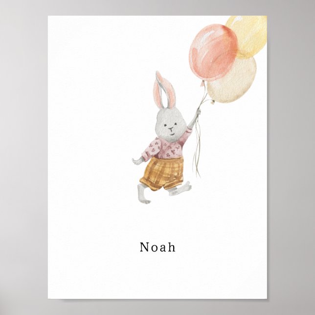Póster Cute Watercolour Rabbit With Balloons Name Poster (Frente)