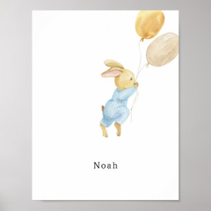 Póster Cute Watercolour Rabbit With Balloons Name Poster