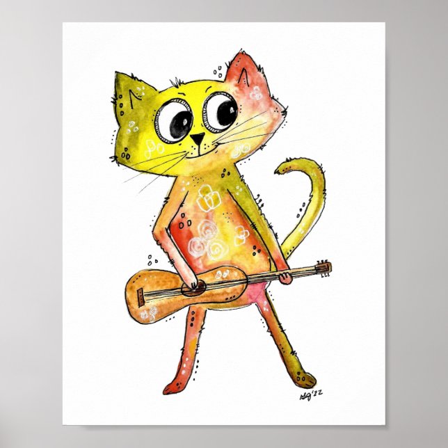 Póster Cute Whimsical Cat Playing Guitar (Frente)