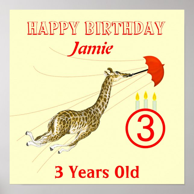 Póster Cute Whimsical Giraffe Paraguas Poster de cumpleañ (Frente)