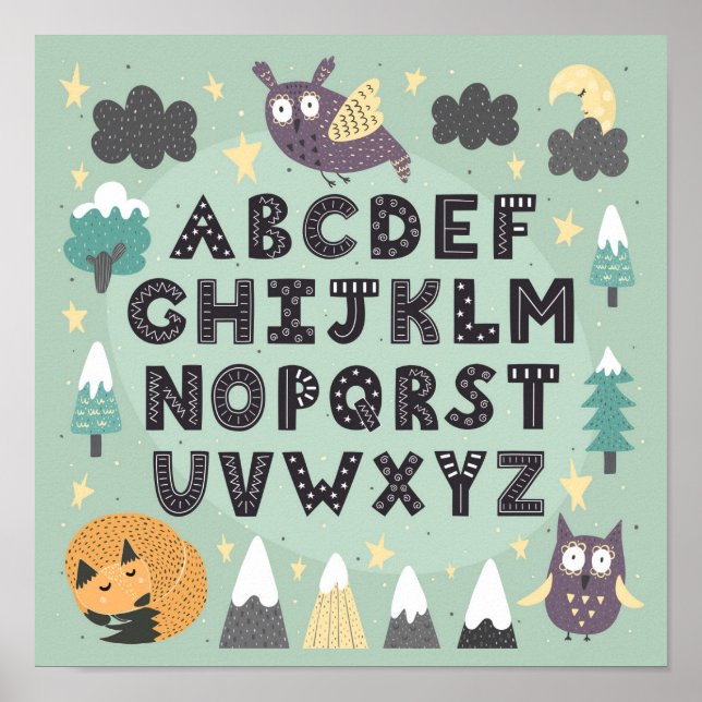 Póster Cute Whimsical Woodland Animals ABC Alphabet (Frente)