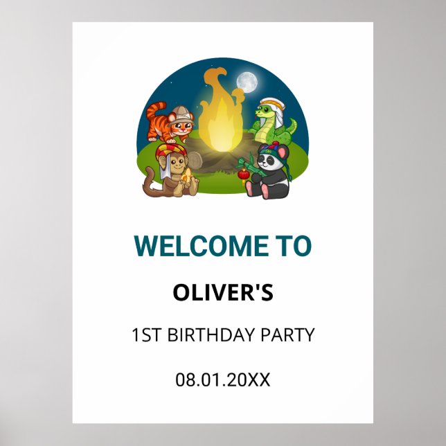 Póster Cute Wild Animals Jungle Camping Birthday Welcome (Frente)
