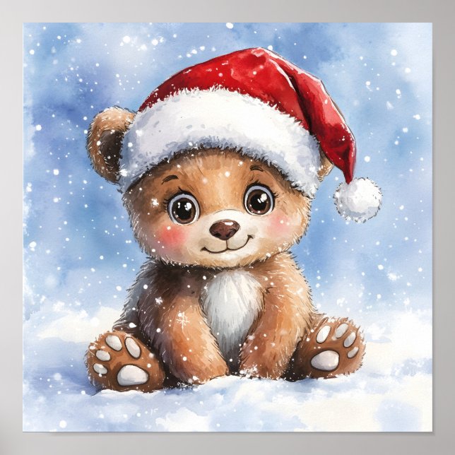Póster Cute Winter Christmas Santa Bear Cub Acuarela  (Frente)