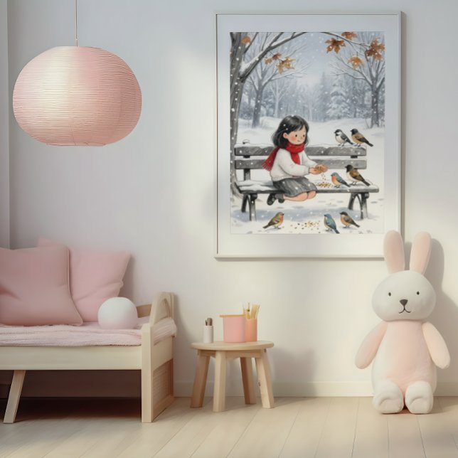 Póster Cute Winter Girl Feeding Birds Nursery Wall Art  (Cozy Winter Wall Art Girl and Birds Nursery Room Decor Print)