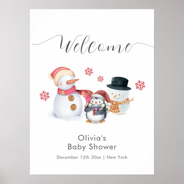 Póster Cute Winter Penguin Snowman Baby Shower Welcome  (Frente)