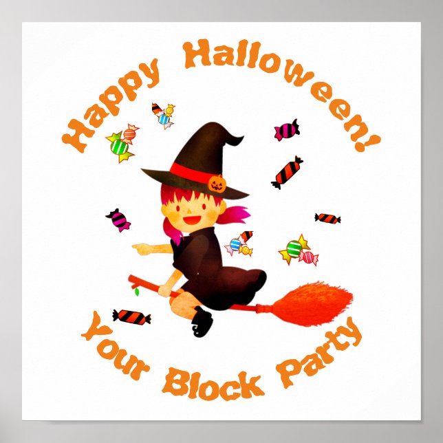 Póster Cute Witch Flying on her Broom Halloween (Frente)