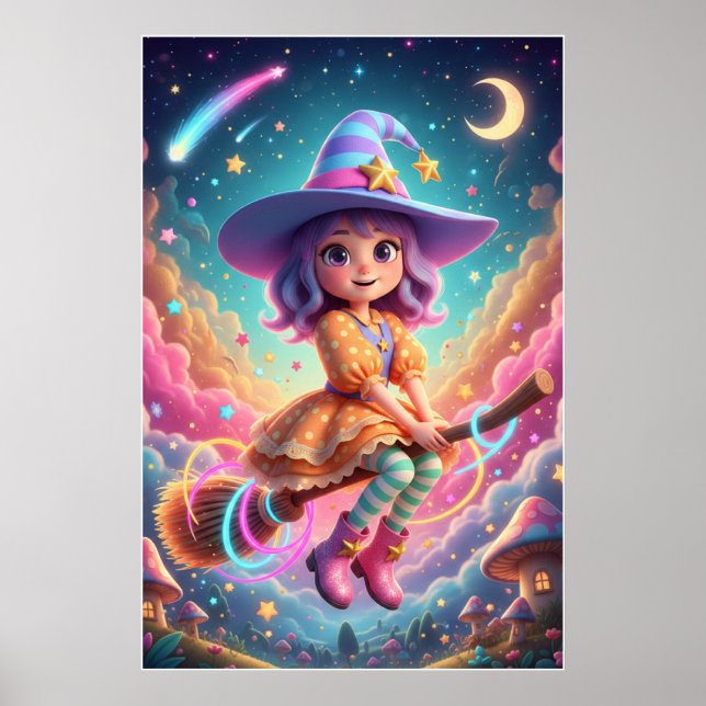 Póster Cute Witch Girl Flying on Broom | Kawaii Fantasy  (Frente)