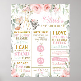 Póster Cute Woodland 1er cumpleaños Estadísticas de natal