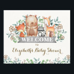 Póster Cute Woodland Forest Birthday Baby Shower<br><div class="desc">Este diseño presenta un adorable ilustracion de animales caprichosos de la madera: zorro,  oso,  racoon,  ciervo y ardilla</div>