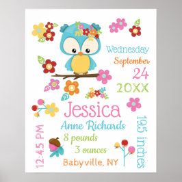 Póster Cute Woodland Owl Baby Girl Record Stats