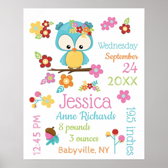 Póster Cute Woodland Owl Baby Girl Record Stats (Frente)