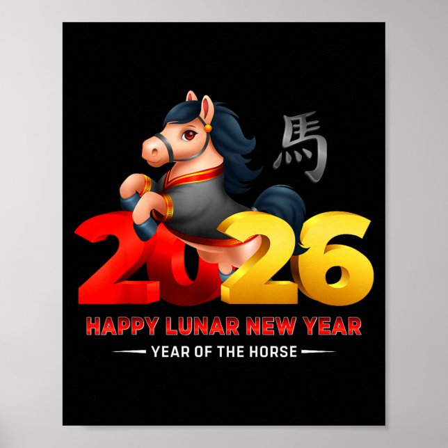 Póster Cute Year Of The Horse -black Fun Happy Lunar New  (Frente)