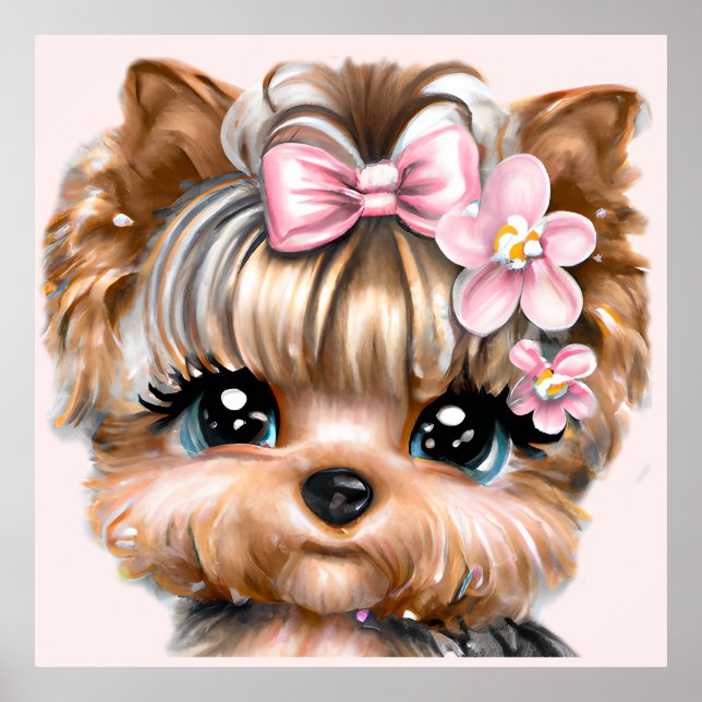Póster Cute Yorkie con un compadre rosado (Frente)