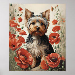 Póster Cute Yorkshire Terrier Botaner Red Poppies