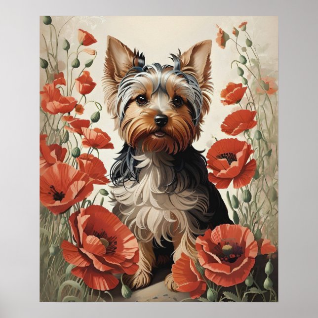 Póster Cute Yorkshire Terrier Botaner Red Poppies (Frente)