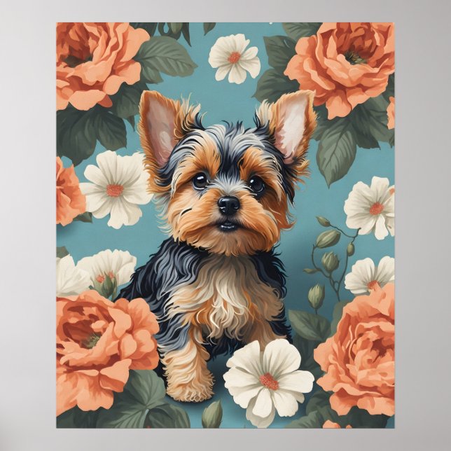 Póster Cute Yorkshire Terrier Puppy Floral (Frente)