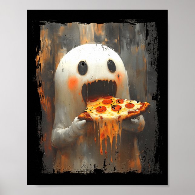Póster Cute Zza Ghost Eating Zza Funny Halloween Food Lov (Frente)