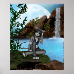 Póster Cutie Anime Kitten Waterfalls Moon 3