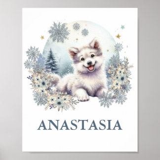 Póster Cuto bosque bebé lobo perro tema de invierno