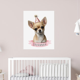 Póster Cuto Chihuahua Rosa Whimsical con diseño de nombre