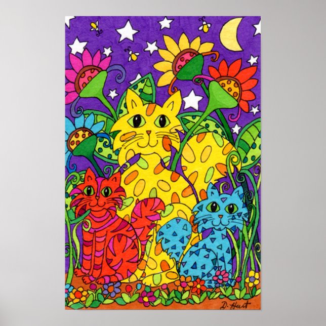 Póster Cuto Colorido Gatos Jardín Flores Moon Dibujo (Frente)