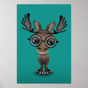 Póster Cuto Curioso Moose Nervio Usando Gafas Turquesa