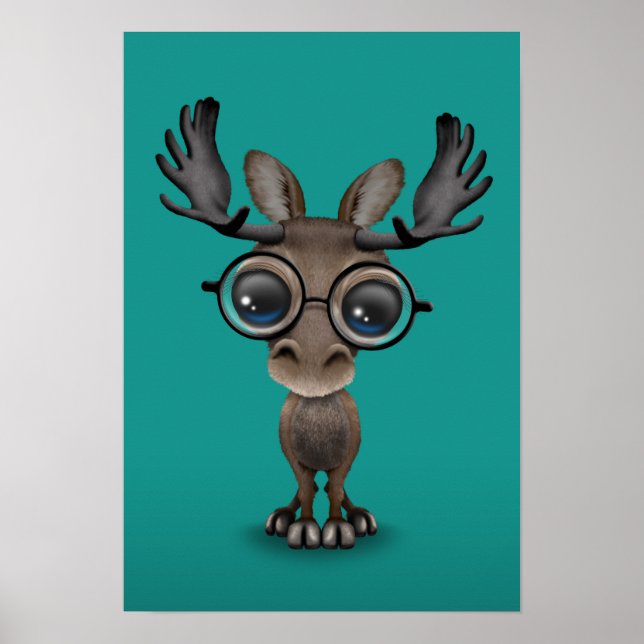 Póster Cuto Curioso Moose Nervio Usando Gafas Turquesa (Frente)