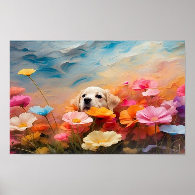 Póster Cuto floral Labrador recuperador cachorro descarga (Frente)